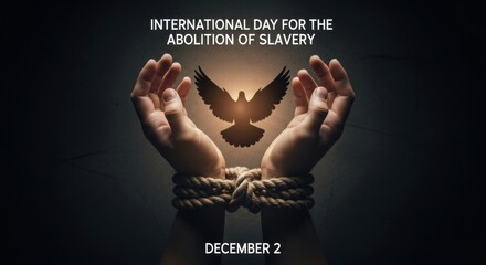 Hands tied with rope releasing a dove symbolizing freedom and human rights, concept for the International Day for the Abolition of Slavery on December 2