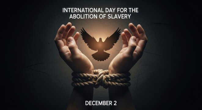 Hands tied with rope releasing a dove symbolizing freedom and human rights, concept for the International Day for the Abolition of Slavery on December 2