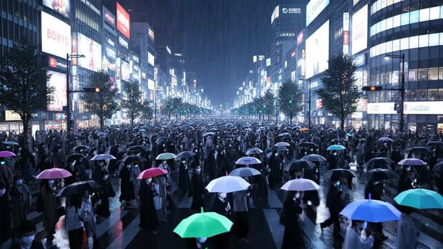 A rainy night scene in a bustling city with bright billboards, pedestrians with colorful umbrellas fill the streets, lights reflect