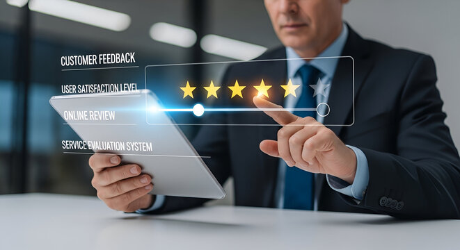Businessman's hand is touching a digital screen to press a virtual button, representing future technology and business success - Powered by Adobe