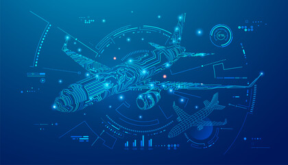 concept of digital twin or aviation technology, graphic of airplane combined with electronic pattern and air control interface