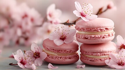 Fototapeta premium French macarons styled with Japanese cherry blossom motifs, soft pink tones