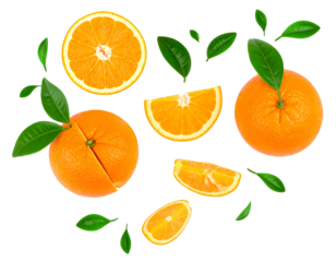 Fresh oranges, halved and sliced, surrounded by vibrant green leaves, against a stark black backdrop