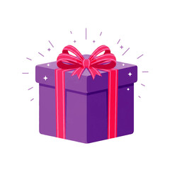 Flat illustration of a purple gift box with a pink bow and ribbons, surrounded by sparkles on a white background.