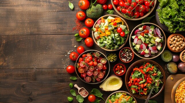 Fresh vegetables and fruit salads on a wooden table will emphasise health and naturalness, useful for cookery blogs and healthy eating adverts.
