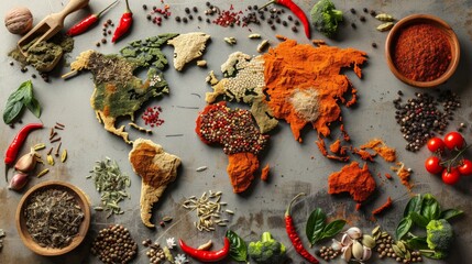 World map of spices and vegetables on a grey background, highlights the diversity of cuisines of the world, useful for cooking blogs and articles about world traditions.