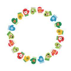 Round frame, wreath, garland with design elements, mittens, Santa Claus, winter holidays. Vector New Year template.