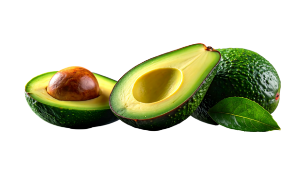 Two avocado halves and a whole fruit with a leaf against a dark background, emphasizing the green tones and smooth textures