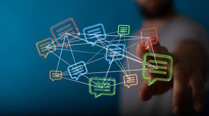Abstract image of hand reaching for colorful message bubbles, representing a communication network. Illustrates concepts like connectivity, soci