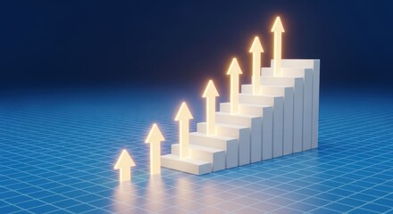 Conceptual staircase with ascending glowing arrows indicating growth and progress