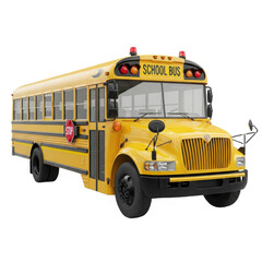 Classic yellow american school bus with stop sign extended isolated on transparent background for educational or transportation concepts