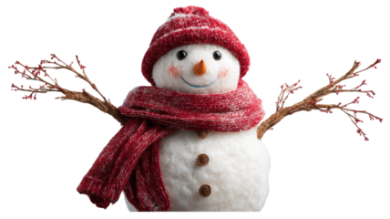 Cute snowman wearing a red knitted hat and matching scarf with cheerful winter look isolated on white background