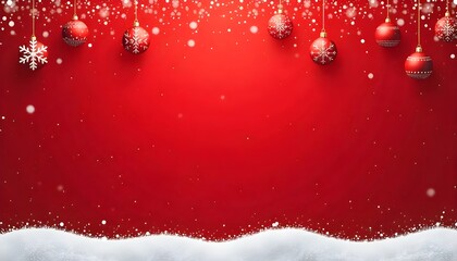 Red background with a snow border at the bottom and hanging red snowflake ornaments