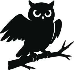 owl perched on a tree branch with wings slightly spread silhouette