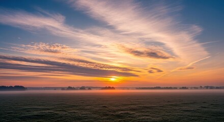 Fototapeta premium Dawn breaks over a misty field, with streaks of clouds in a colorful sky
