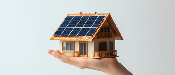 Model of a house with solar panels on the roof in the palm of your hand.
Suitable for topics about ecology, renewable energy and sustainable development.