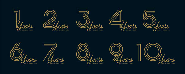 Set of vector logo designs for 1st to 10th anniversary, in gold color for celebrations, weddings and birthday