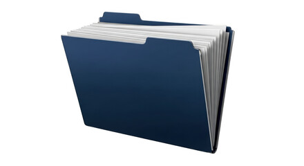 A blue file folder filled with papers isolated on transparent background