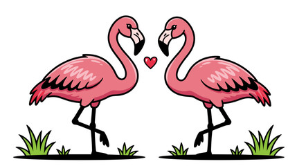 Obraz premium Two pink flamingos standing side by side with a heart between them 