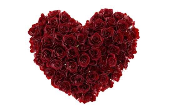 Heart shape arrangement of deep red roses on black background love floral, Isolated On Transparent Background, Png Cut Out