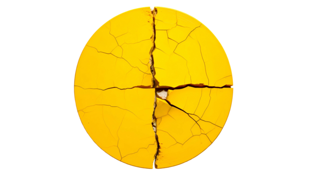 Cracked yellow sphere dissected into four sections against a black background
