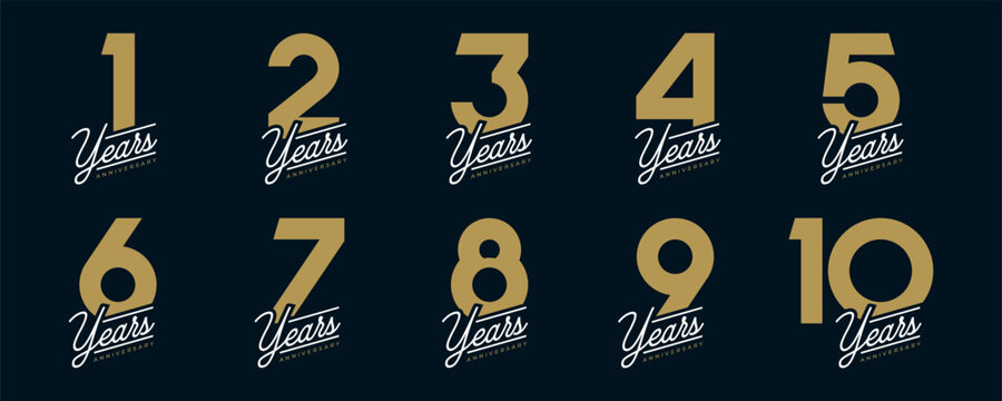 Set of vector logo designs for 1st to 10th anniversary, in gold color for celebrations, weddings and birthday