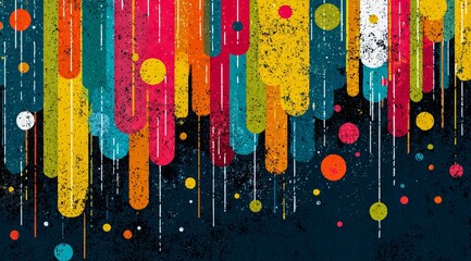 Colorful abstract painting with a blue background and a rainbow of colors. The painting is full of circles and lines