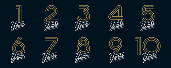 Set of vector logo designs for 1st to 10th anniversary, in gold color for celebrations, weddings and birthday