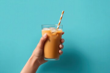 Hand Holding Clear Glass of Iced Coffee with Straw Against Blue Background
