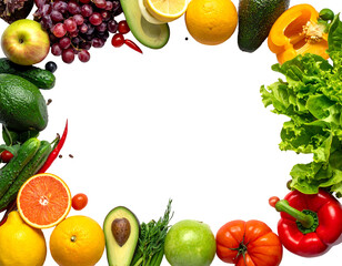 A colorful border of fruits and vegetables surrounds a black space. Vivid and fresh, a healthy organic spread
