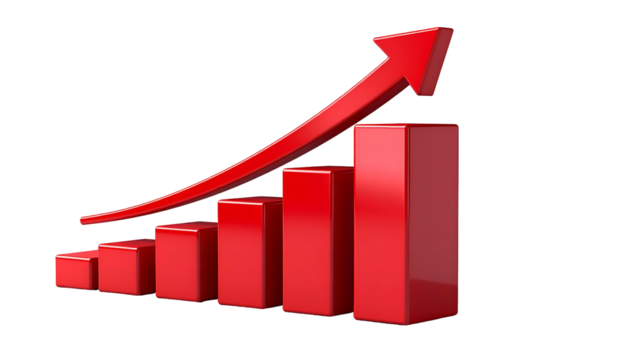 Red 3D bar graph with ascending columns and an upward pointing arrow on a black background