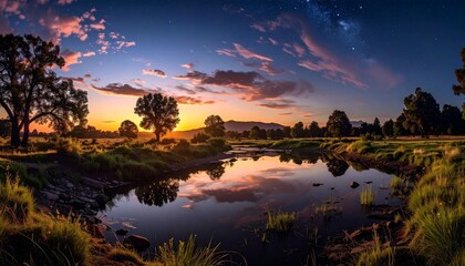 Panoramic Sunset and Night Sky Over a Tranquil River/Pond Reflection. 