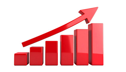 A 3D rendered red bar chart with an upward trending arrow against a black background