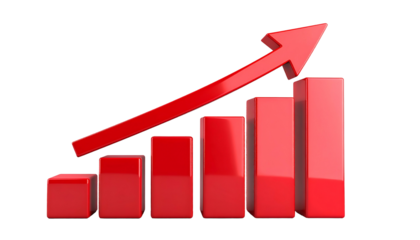 A 3D rendered red bar chart with an upward trending arrow against a black background