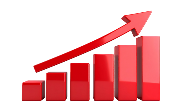 A 3D rendered red bar chart with an upward trending arrow against a black background