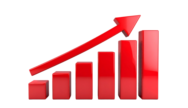 Shiny red bar graph ascending, indicating growth, with a dynamic upward pointing arrow