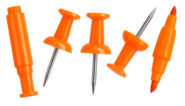 Orange office supplies float against a black background, including markers and pushpins
