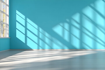 Obraz premium Bright Room with Geometric Sunlight Shadows on Blue Wall.