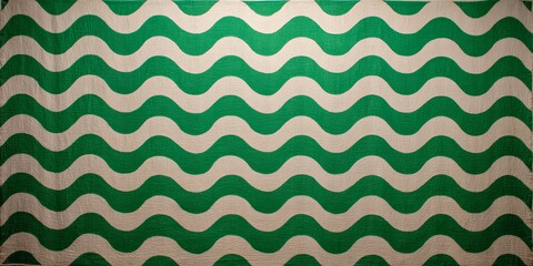 Vibrant green and white rug with a wave design is displayed. The rug is made up of small