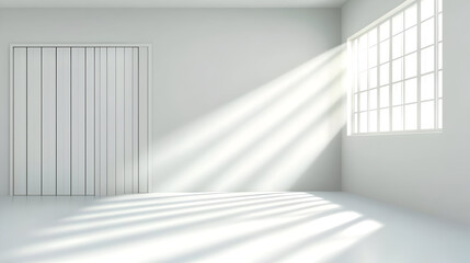 Obraz premium Bright Sunlight Streaming Through Large Window into Empty White Room.