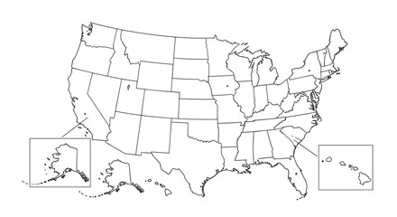 Blank outline map of the United States of America including inset maps for Alaska and Hawaii, perfect for educational and design projects