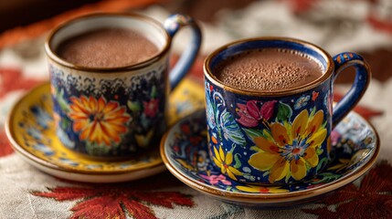 Mexican hot chocolate served in Japanese teacups, warm cozy scene