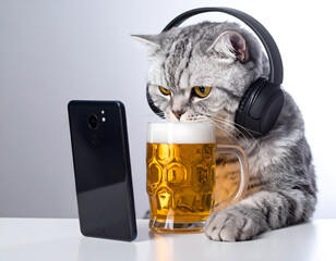 A cat wearing headphones, drinking beer while looking at a smartphone