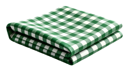 Folded green and white checkered tablecloth, layered and slightly angled, against black background