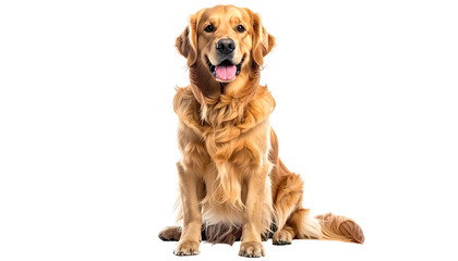 A friendly Golden Retriever sits with a bright, happy expression, fluffy coat against a black background