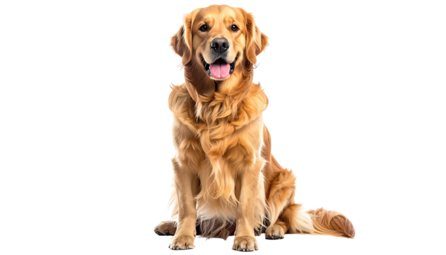 A friendly Golden Retriever sits with a bright, happy expression, fluffy coat against a black background
