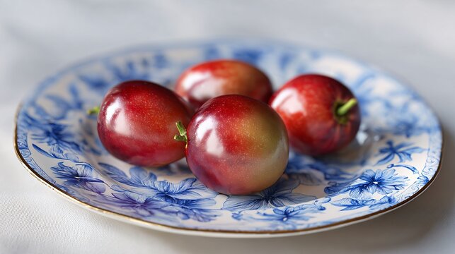 Peruvian tamarillo fruit arranged on French porcelain plate, soft light