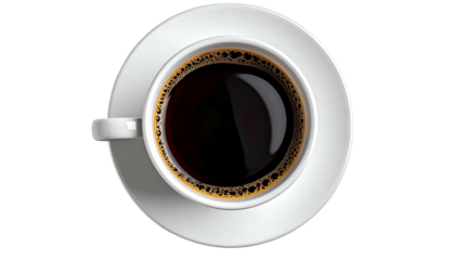 A top-down view of a white ceramic coffee cup filled with rich, dark, steaming brew on a saucer