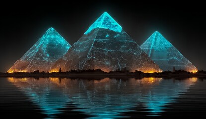 Three pyramids lit up in blue and green lights. The scene is set on a body of water