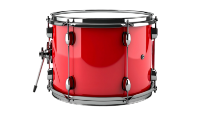 A vibrant red drum with silver hardware, isolated against a stark black background